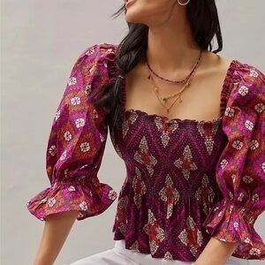 Anthropologie Puff Sleeve Smocked Sweetheart Top